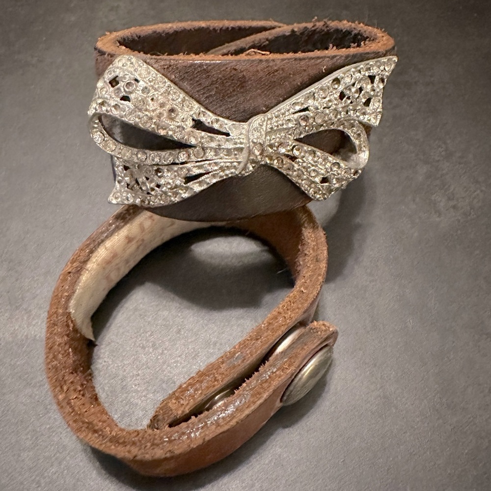 Made in the Deep South leather and vintage brooch cuff